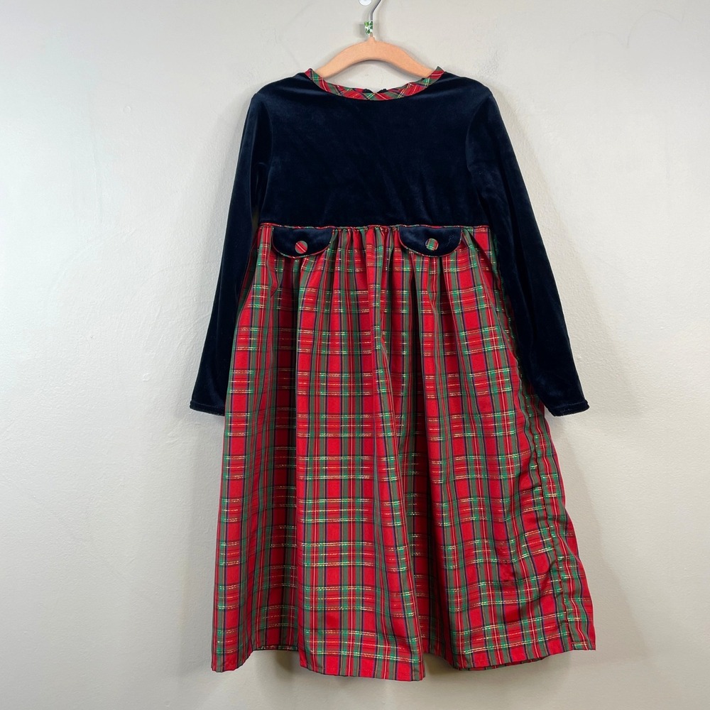 Vintage Velvet Plaid Christmas Dress Girls 5 Preppy Tartan Holiday Photo Party